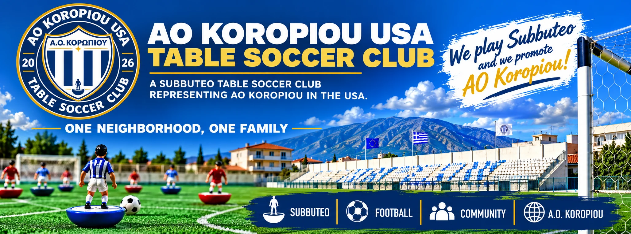 AO Koropiou USA Table Soccer Club banner: Subbuteo figures on a pitch in front of AO Koropiou's stadium and Mount Hymettus. We play Subbuteo and we promote AO Koropiou.