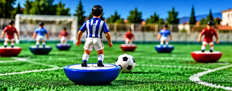 A Subbuteo figure in blue-and-white stripes faces a ball on the pitch, with opponents in red.